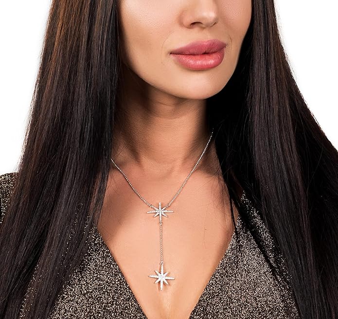 Savlano 14K Gold Plated Cubic Zirconia Round Cut Starburst 18 Inches Pendant Chain Necklace For Women
