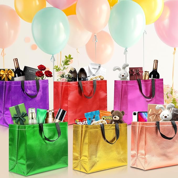 KeerxunBag 12Pcs Reusable Gift Bags（Includes Tissue Paper） Gift bag with handle Birthdays Parties Holidays Weddings Medium 13x5x11in colorful Gift Bags