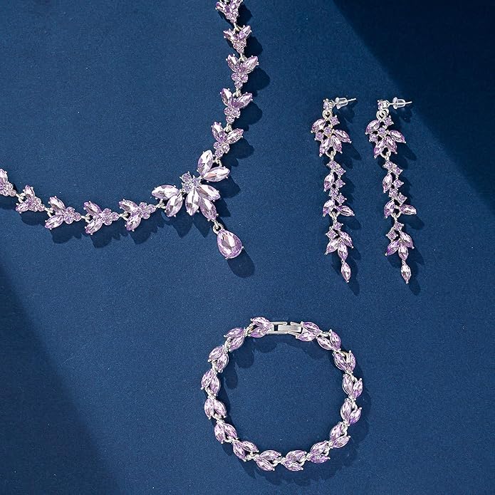 Wedding Jewelry Sets for Bride Bridesmaid Bridal Jewelry Set for Women Wedding Crystal Necklace Earrings Bracelet Set for Party Prom Jewelry