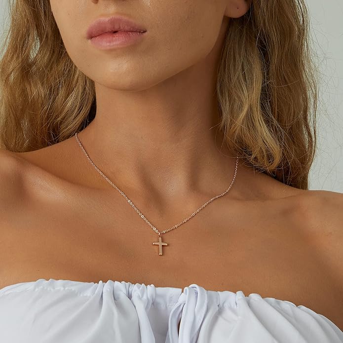Tewiky Christian Gift Stocking Stuffers Cross Necklace for women-Dainty 14k Gold Plated/Silver Plated Pendant Necklaces Simple Cute Tiny Necklace Jewelry for Women
