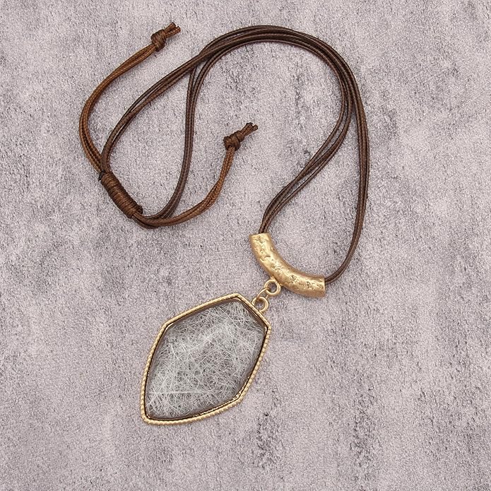 Boho Leather Necklace Women Bohemian Brown Circle Pendant Necklace Choker Long Necklaces for Women Boho Ring Large Pendant
