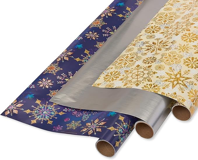 Papyrus Wrapping Paper Rolls for Christmas, Hanukkah, and All Holidays, Snowflakes Print and Metallic Silver (3 Rolls, 62.5 sq. ft.)