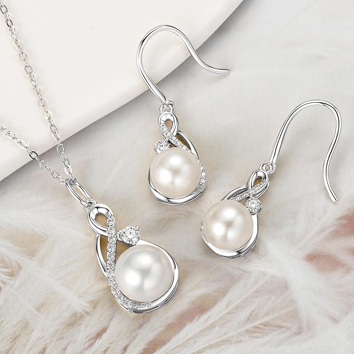 Sterling Silver Pearl Jewelry Set with Shiny Moissanite, Real Freshwater Pearl Earrings Necklace for Women, Wedding Jewelry for Brides Bridesmaid, Mother's Day