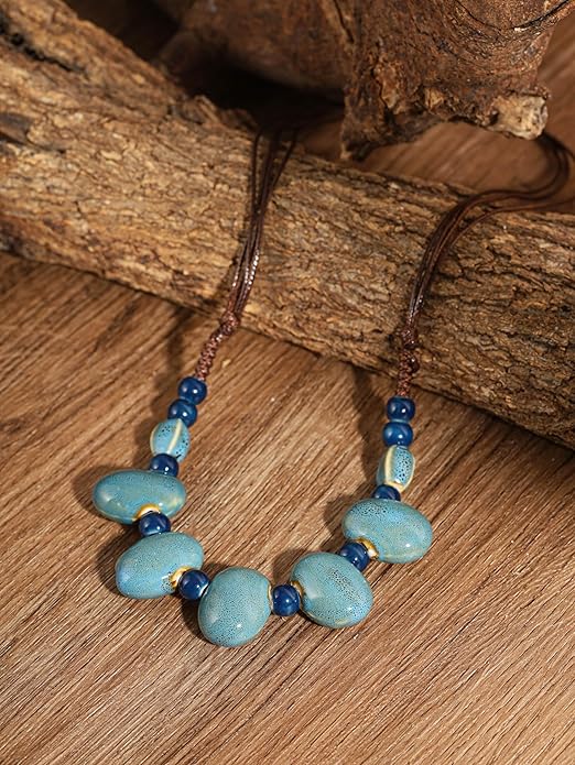 MINACHI Bohemian Hippie Colorful Ceramic Geometric Bead Strand Necklace, Vintage Boho Statement Jewelry Gift for Women