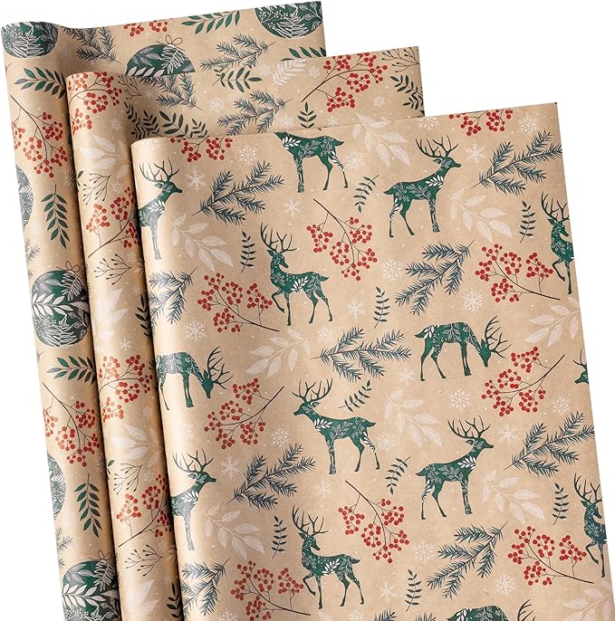RUSPEPA Christmas Kraft Wrapping Paper Roll - Mini Roll - 17 inches x 10 feet per Roll, Total of 3 Rolls - Berry Leaves and Reindeer