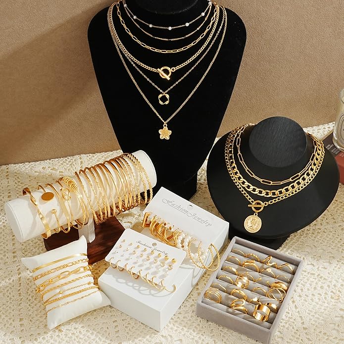 17 MILE 78 Pieces Gold Jewelry Set for Women, 9 Necklace, 24 Bracelet, 22 Earrings, 23 Knuckle Rings Gold Plated Jewerly set for Women Gift