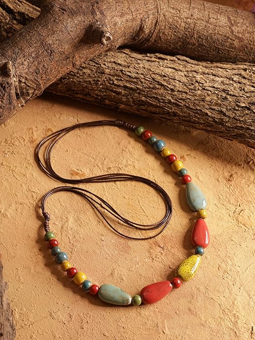 MINACHI Boho Hippie Round Ceramic Beads Strand Necklace, Vintage Bohemian Summer Beach Jewelry Gift for Women