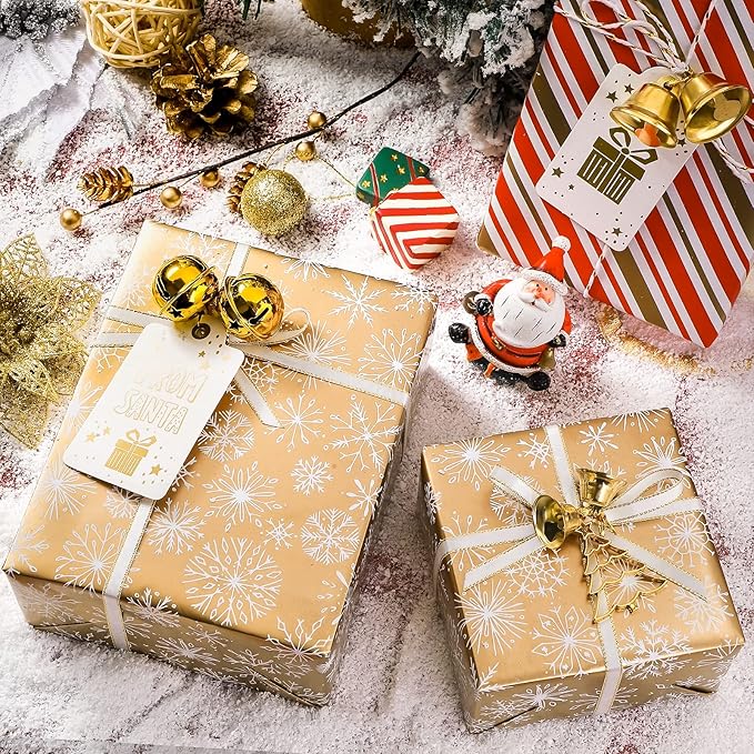 MAYPLUSS Christmas Wrapping Paper Roll - Mini Roll - 17.3 in X 120 in Per roll - 3 Different Christmas Red Snowman Gold Stripe,Gold Snowflake for Xmas Gift Wrap (43.2 sq.ft)