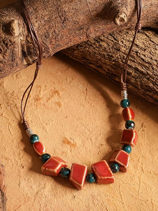 MINACHI Bohemian Hippie Colorful Ceramic Geometric Bead Strand Necklace, Vintage Boho Statement Jewelry Gift for Women