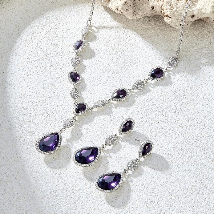 EleQueen Women's Cubic Zirconia Teardrop Y-Necklaces Dangle Earrings Jewelry Sets for Brides Bridesmaids