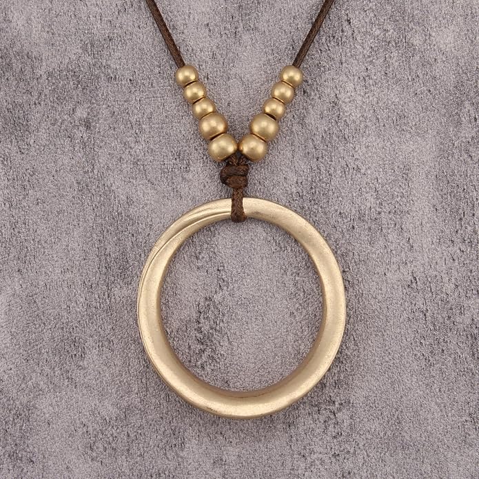 Boho Leather Necklace Women Bohemian Brown Circle Pendant Necklace Choker Long Necklaces for Women Boho Ring Large Pendant