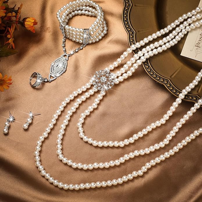 Maitys 3 Pcs 1920s Pearl Jewelry Set Includes Vintage Flapper Earrings Multilayer Imitation Pearl Necklace Bracelet for Women