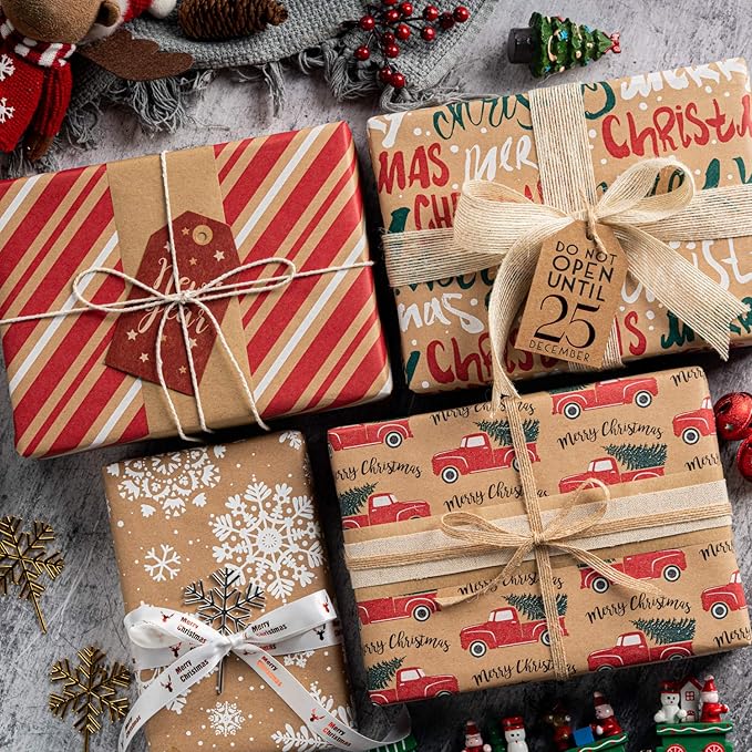 RUSPEPA Wrapping Paper, Kraft Paper - Snowflakes, Car and Christmas Tree, Stripes and Merry Christmas - 4 Rolls - 30 inches x 10 feet per Roll