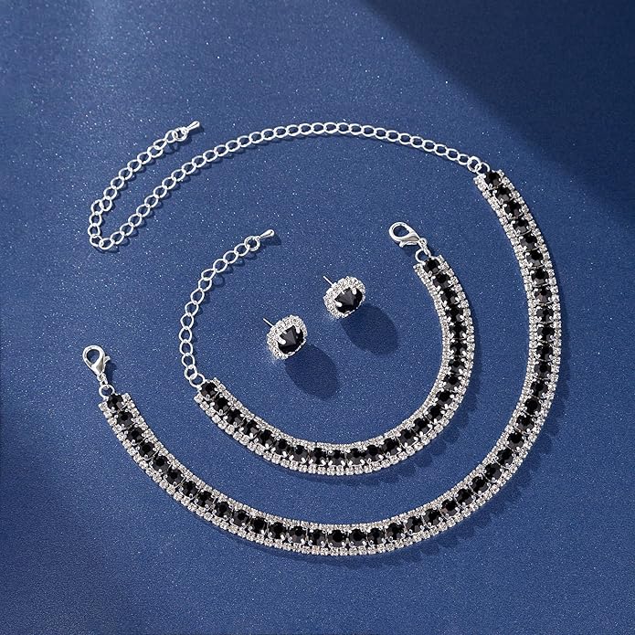 Women Rhinestone Crystal Jewelry Set Crystal Tennis Design Rhinestone Choker Necklace Link Bracelet Teardrop Earrings Set Wedding Bridal Bridesmaids Party
