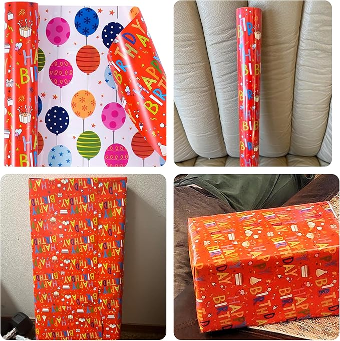 Reversible Birthday Wrapping Paper - Mini Roll - 17 Inches X 33 Feet - for Boys Girls Kids - Happy Birthday Lettering and Colorful Balloons Design for Women Men Baby Shower Holiday
