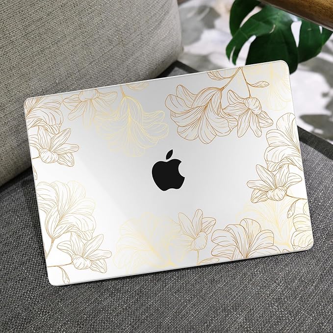 MEEgoodo Case for MacBook Air M4/M3/M2 13.6 inch 2025 2024 2022, Fit Model A3240 A3113 A2681, Compatible with MacBook Air 13 inch, Laptop Hard Shell Case with Keyboard Cover, Drawn Golden Floral