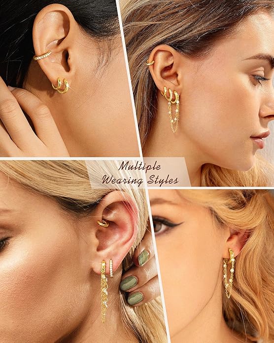 Tassel Chain Small Gold Hoop Dangle Earring For Women Huggie Earring Heart Star CZ 14K Gold Plated Fashion Jewelry Friendship Gift