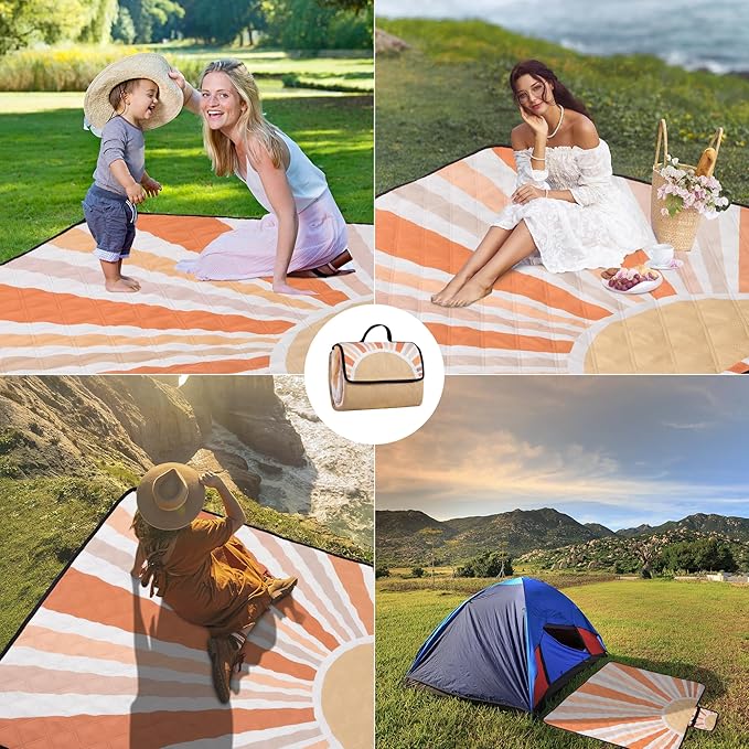 Picnic Blankets Waterproof,79''x79'' Extra Large Foldable Sandproof Beach Blanket,Portable 3-Layer Polyester Outdoor Picnic Blanket for Grass Lawn,Beach,Family Camping,Park,Travel-Starburst Orange