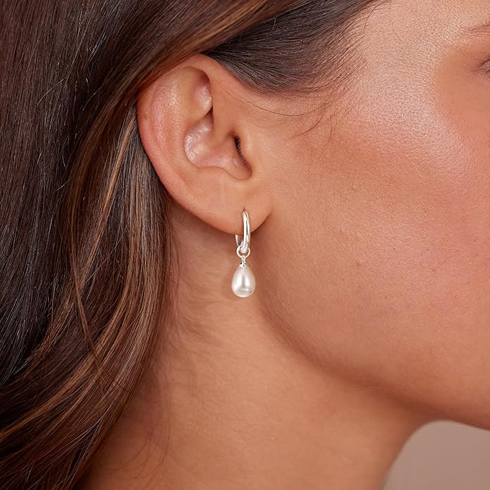 Gold Pearl Dangle Earrings for Women, 14K Gold Plated Small Pearl Drop Huggie Hoop Earrings, Hypoallergenic Dainty Gold Earrings Wedding Jewelry Gifts for Women Trendy