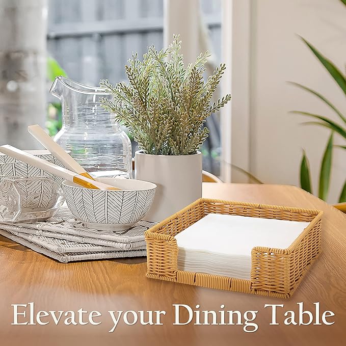 Paper Napkin Holder, Dinner Napkin Dispenser, Rustic Tissue holder, Flat Tissue Box, Resin Wicker, Light Brown