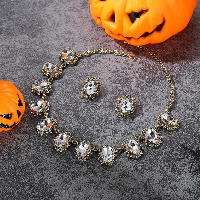 BriLove Victorian Style Statement Necklace Pierced Earrings Jewelry Set for Women Crystal Floral Cameo Inspired Oval Jewellery for Party Prom