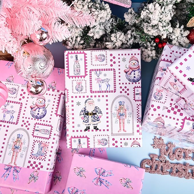 Vnaaem Reversible Chinoiserie Christmas Wrapping Paper Roll - Pink Toile Santa Claus, Reindeer, Nutcrackers, Snowman & Bow Design Gift Wrap for Holiday Party Celebration, DIY Craft - 17 In X 20 Ft(Total 28.5sq.ft)