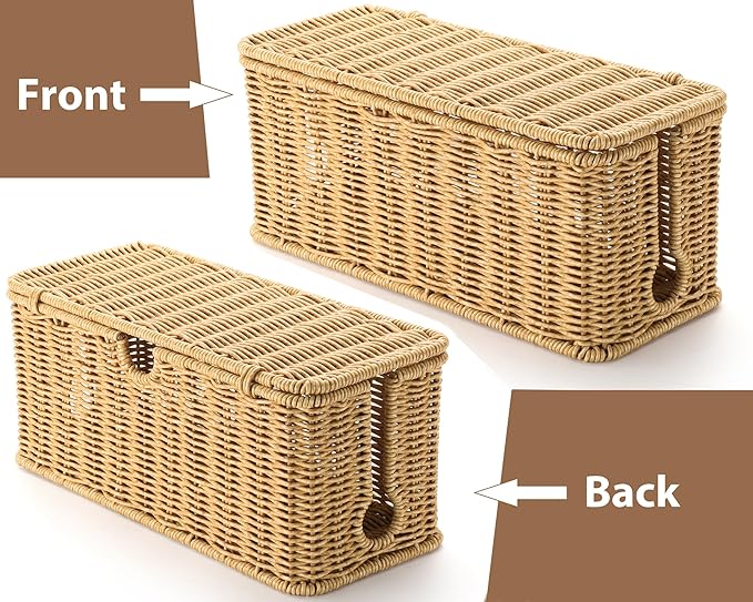 Handmade Cable Management Box Brown, Imitation Rattan Cord Organizer Cord Hider Box, Cable Organizer Box for Desk, Cord Management Box to Hide Cords and Power Strip L12.5'' W5'' H5.2''