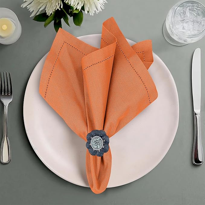Ruvanti Premium Linen Napkins Set of 4-20x20 Inch, Classic Hemstitch, Mitered Corner Cloth Napkins ‎‎- Soft, Elegant Dinner Napkins Cloth Washable for Weddings, Parties, Everyday Use - Fall/Orange