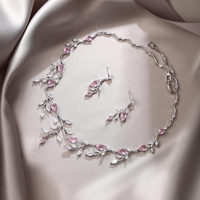 EVER FAITH Wedding Jewelry for Bride Women Bridesmaid, Sparkly Cubic Zirconia Pear-Shaped Birthstone Leaf Necklace Earrings Set for Prom