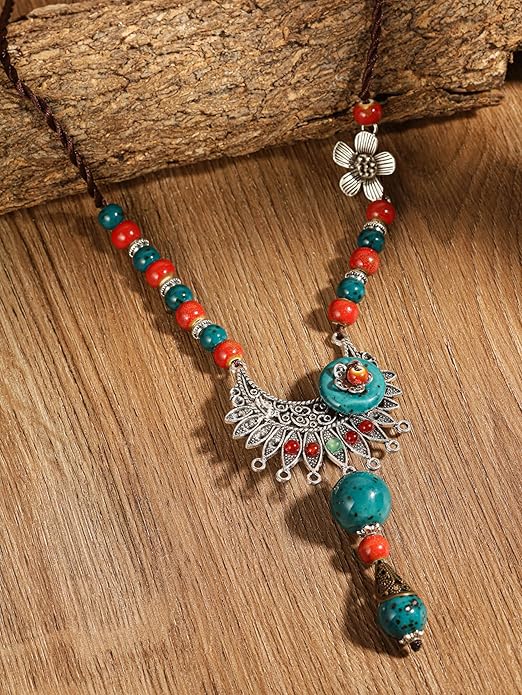 MINACHI Vintage Bohemian Colorful Ceramic Bead Antique Flower Y Necklace, Vintage Boho Hippie Statement Jewelry Gift for Women