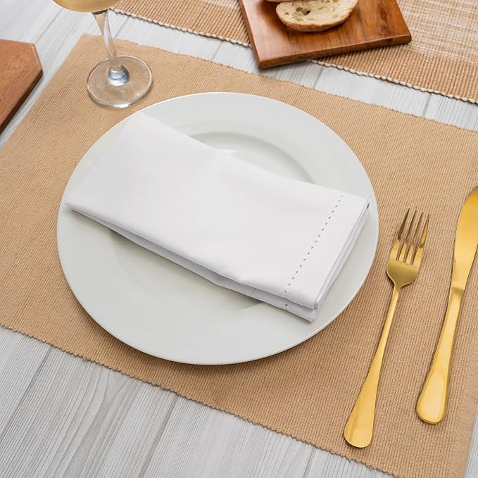 Blue Needles Set of 6 Hemstitch Linen Napkins 100% Cotton White Cloth Dinner Napkins 18x18 inches, Soft, Reusable, Absorbent, Washable, Ideal for Fall Thanksgiving Events, Parties & Everyday Use