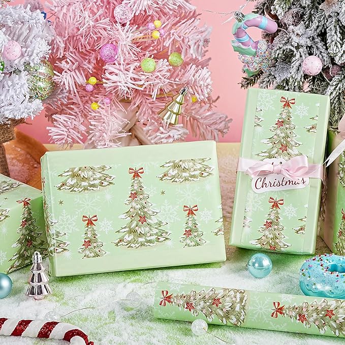 WRAPAHOLIC 30 Inch Jumbo Reversible Christmas Wrapping Paper - 30 Inch x 33 Feet - Light Green Christmas Tree Wrapping Paper for Xmas Holiday, Party Celebration