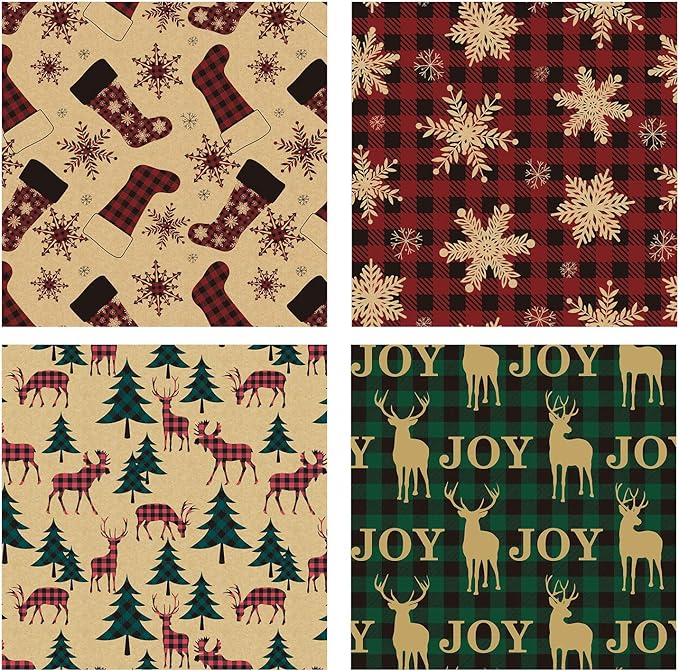 RUSPEPA Christmas Wrapping Paper, Kraft Paper - Red and Green Plaids Style Designs - 4 Rolls - 30 inches x 10 feet per Roll