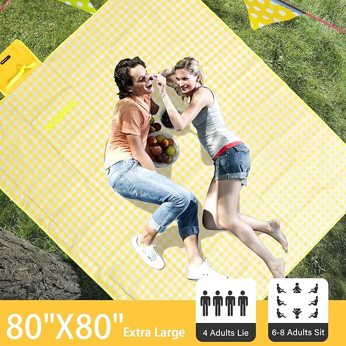 HX&OD Outdoor Picnic Blanket 80"X80" Picnic Mat Extra Large Camping Blanket Beach Blanket Foldable Waterproof Sand Mat Hiking Travel Family Concerts(Yellow)