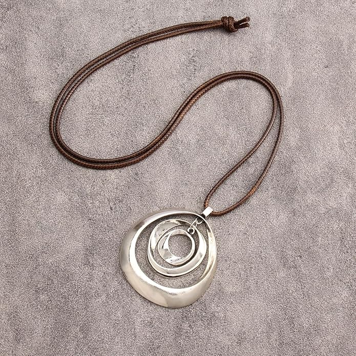 GelConnie Boho Necklaces for Women Vintage Silver Circles Long Pendant Necklace Cowgirl Sweater Necklace Adjustable Leather Choker Necklace for Women