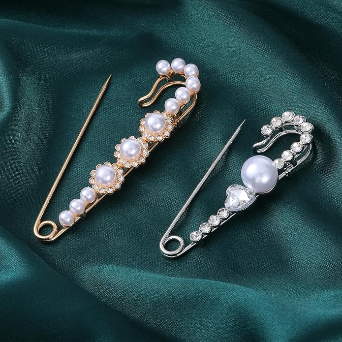 4 Pieces Pearl Brooch Pins, Faux Crystal Decorative Safety Pins for Clothing Sweater Shawl Pin and Brooches Pearl Safety Pin for Women Dress Pants Scarf Skirt Cardigan Collar