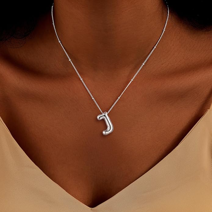 Inerney Valentines Day Gifts Gold Bubble Letter Necklace Initial Necklaces for Women, Chunky 14K Plated Balloon Initials, Trendy Charm Non Tarnish Custom Name Pendant Jewelry Gifts for Mom