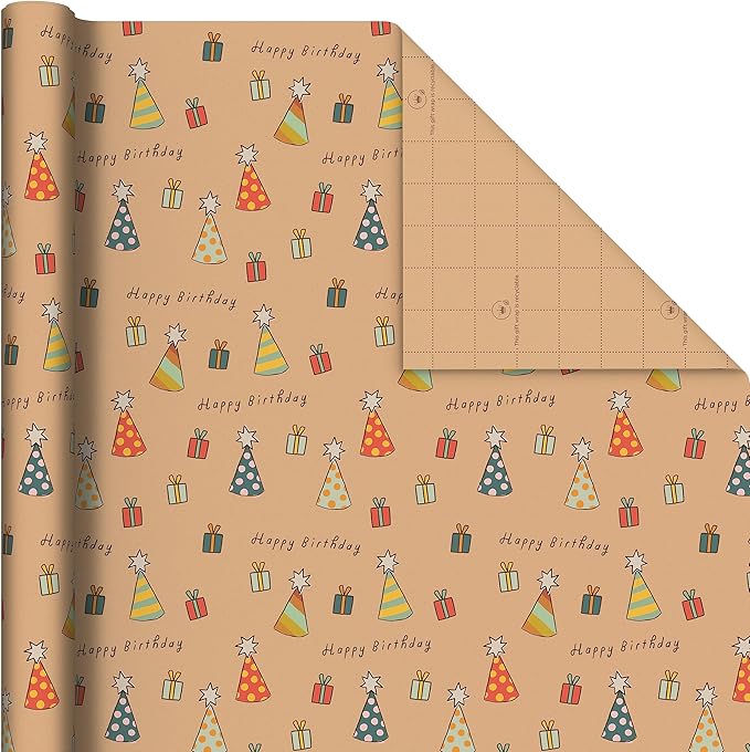 Hallmark Birthday Wrapping Paper, Recyclable Brown Kraft Gift Wrap (3 Rolls: 60 sq. ft. ttl) Kids Birthday, Retro Icons, Roller Skates, Skateboard