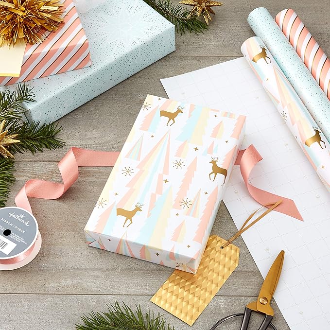 Hallmark Pink Christmas Wrapping Paper with Cut Lines on Reverse (3 Rolls: 120 sq. ft. ttl) Pink, Mint, Gold, Reindeer, Christmas Trees, Snowflakes