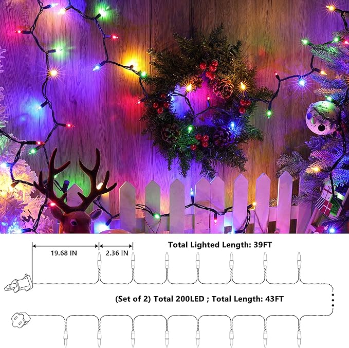 Joomer Mini Christmas String Lights - Total 39 FT 200 LED Plug-in String Light, Connectable Waterproof Fairy Lights for Indoor Outdoor Decor, Patio, Home,Christmas Decoration - Multicolor