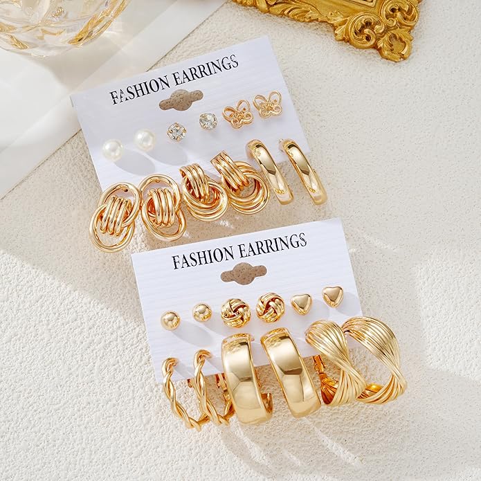 12 Pairs Chunky Gold Hoop Earrings for Women Trendy, Gold Plated Lightweight Hypoallergenic Stack, Thick Open Twisted Huggie Hoops Earring Set