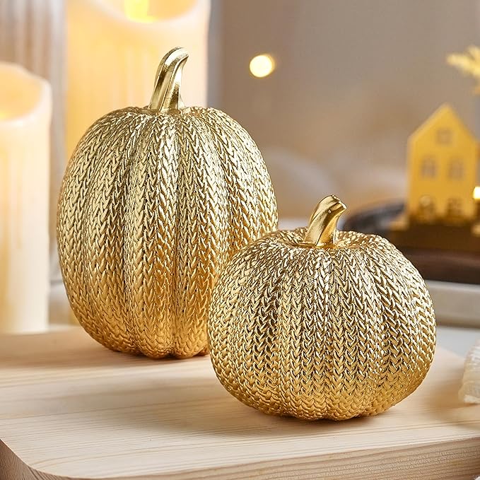 Pumpkin Fall Decor Indoor - Gold Pumpkin for Decorating, 2Pcs Resin Pumpkins Decor with Woven Effect, Thanksgiving Table Centerpiece, Fireplace, Autumn Harvest Party Decorations