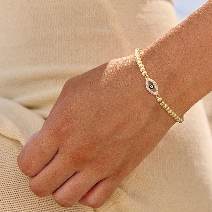 Gold Bracelets for Women 14K Gold Plated Bead Bracelet Hypoallergenic Stretch Bracelets for Women Elastic Bracelet Trendy Teen Gift Dainty Jewelry for Women