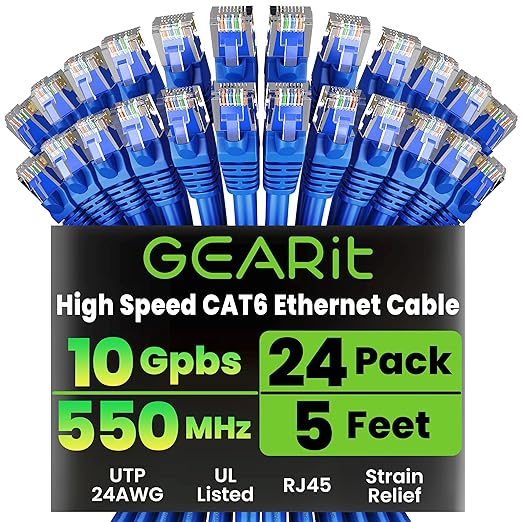 GearIT Cat 6 Ethernet Cable Pack - 24-Pack 5 ft Cat6 Ethernet Patch Cables | RJ45 Network Patch Cable, 10 Gbps Snagless Gold-Plated Connectors - Ethernet Cable Cat 6 for PC, TV, Router - Blue