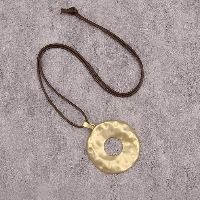 Boho Leather Necklace Women Bohemian Brown Circle Pendant Necklace Choker Long Necklaces for Women Boho Ring Large Pendant