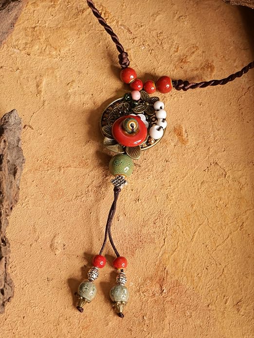 MINACHI Vintage Bohemian Colorful Ceramic Bead Antique Flower Y Necklace, Vintage Boho Hippie Statement Jewelry Gift for Women