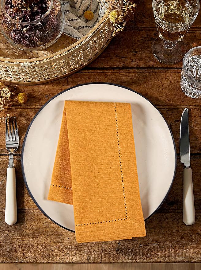 Palisa Cloth Dinner Napkins with Hemstitched Detailing & Mitered Corners Set of 4 (18x18 Inches) Mustard - Cotton Reusable Dinner Napkins - Perfect for Weddings & Everyday Use
