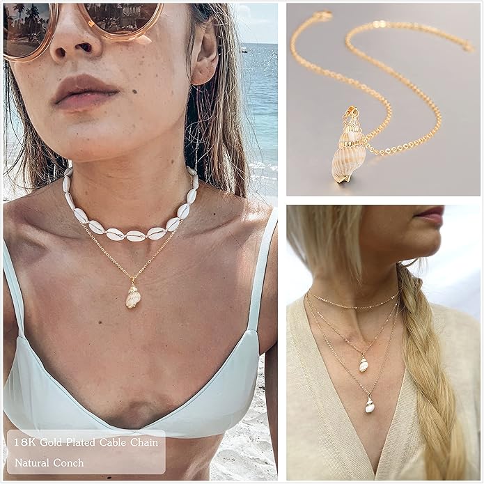 Natural Seashell Shell Scallop Pendant Choker Necklace Adjustable 18K Gold Plated Cable Chain Handmade Jewelry for Women Girls