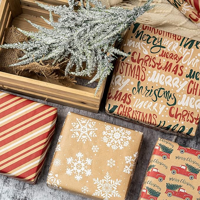 RUSPEPA Christmas Wrapping Paper Set - 4 Rolls of Kraft Wrapping Paper (30 Inches x 10 Feet Per Roll) with 8 Gift Bows, 1 Spools of Bakers Twine, Jute String, 30 Stickers and 30 Gift Tags - Red