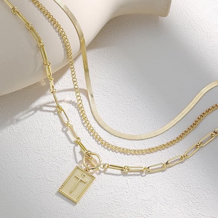 Evabelle Gold Layered Necklace for Women Trendy Jewelry 14K Real Gold Plated Chunky Chain Stackable Necklaces Dainty Choker Necklaces Rectangle Square Pendant